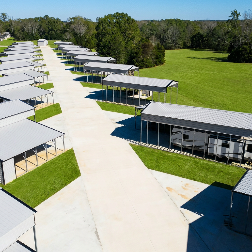 Aerial view of covered RV sites and green park grounds at 9 Tree RV